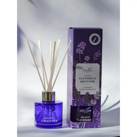 Lavender Tihanyi Levendula Pálcás Diffúzor lila dekor üvegben dobozzal (100ml)atúr fehér pálcikákkal.